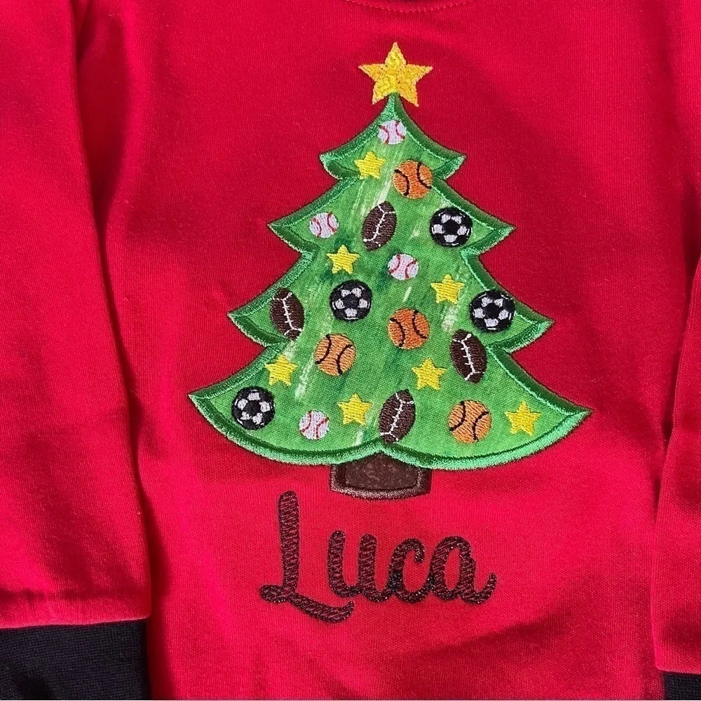 Christmas tree sports theme red long sleeve plaid pajama set personalized “Luca”